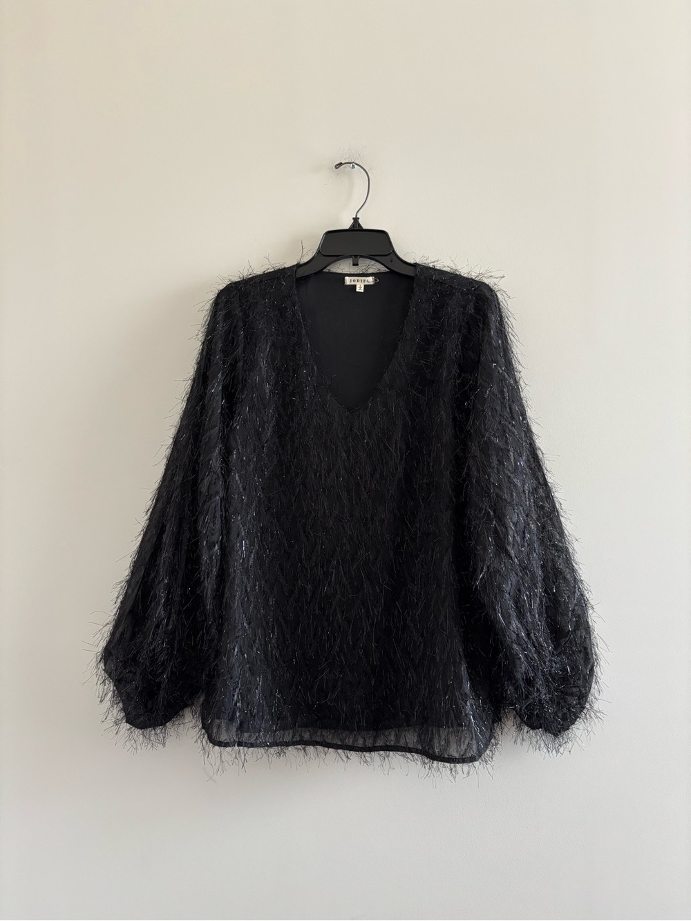 JODIFL Sweater Eyelash Knit Black V-Neck Textured Glitter Balloon Sleeve Women S